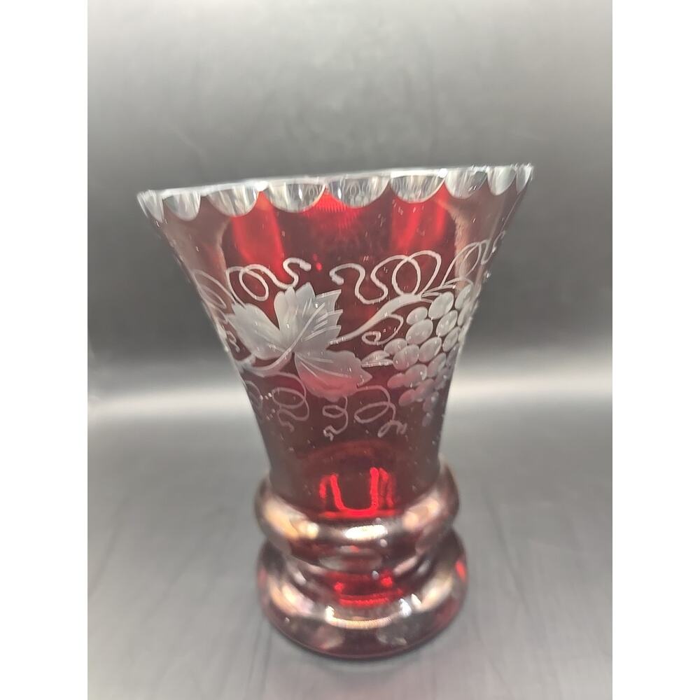 Vintage Egermann Style Ruby Cut To Clear Vase With Grapes and Vines 6" Tall
